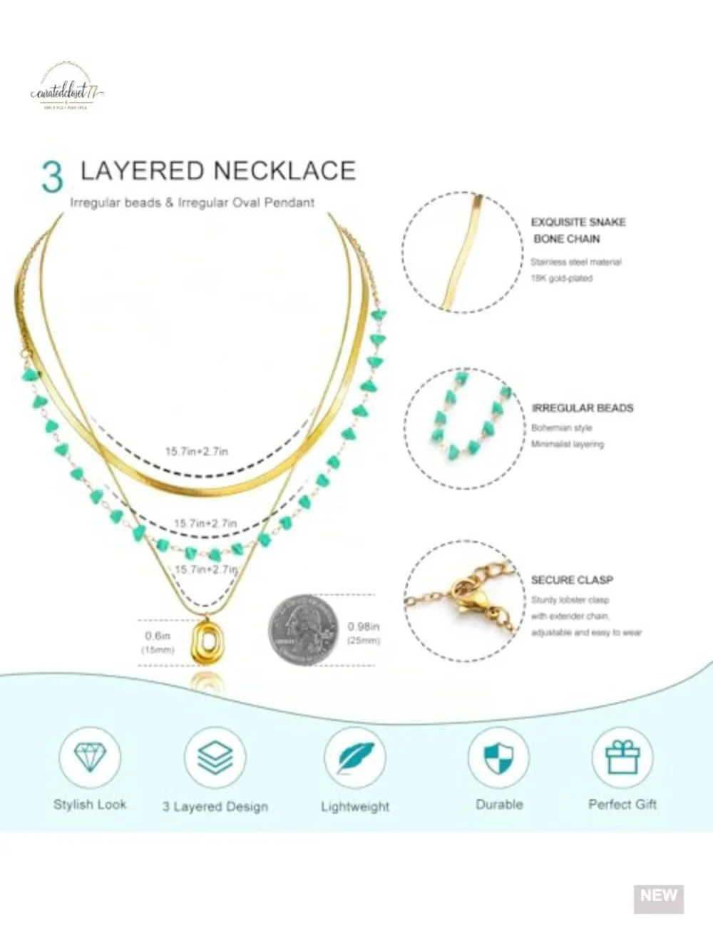 3-Piece Boho Layered Necklace Set Beaded Choker Gold Plated Stainless Steel